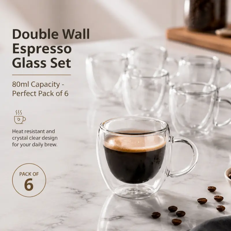 6-Piece Double Wall Espresso Cups Set, Glass Beverage Cups, hand-blown from high borosilicate glass. Heat-resistant and crystal clear, savor rich coffee every day.
