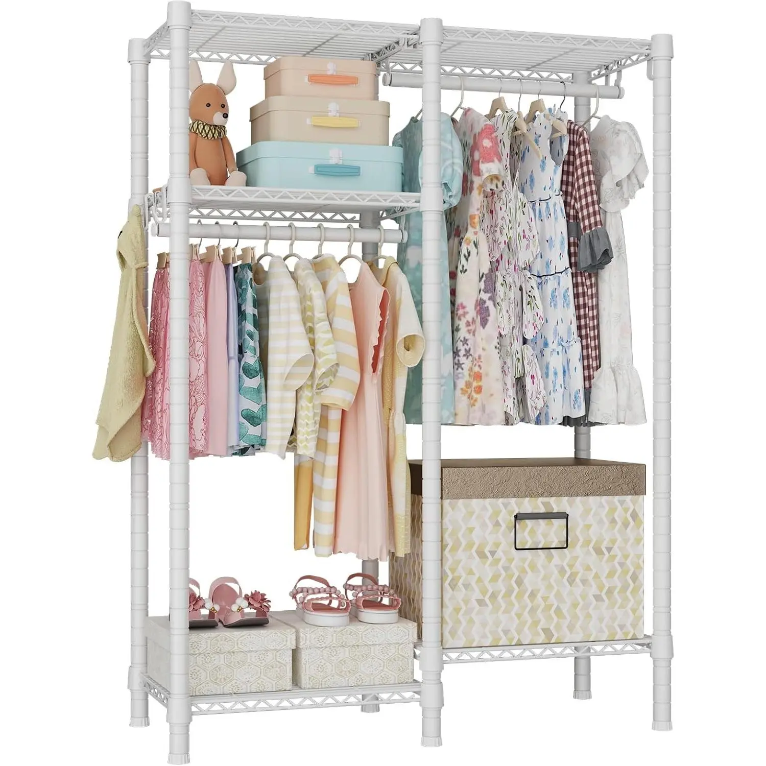 F1 Garment Rack for Kids, Baby, Students, and Children's Room, 4 Tiers Freestanding and Portable Heavy Duty Closets, Small Metal Clothes Rack with 2 Hanging Rod, 31.2" W x 11.8" D x 48" H, White