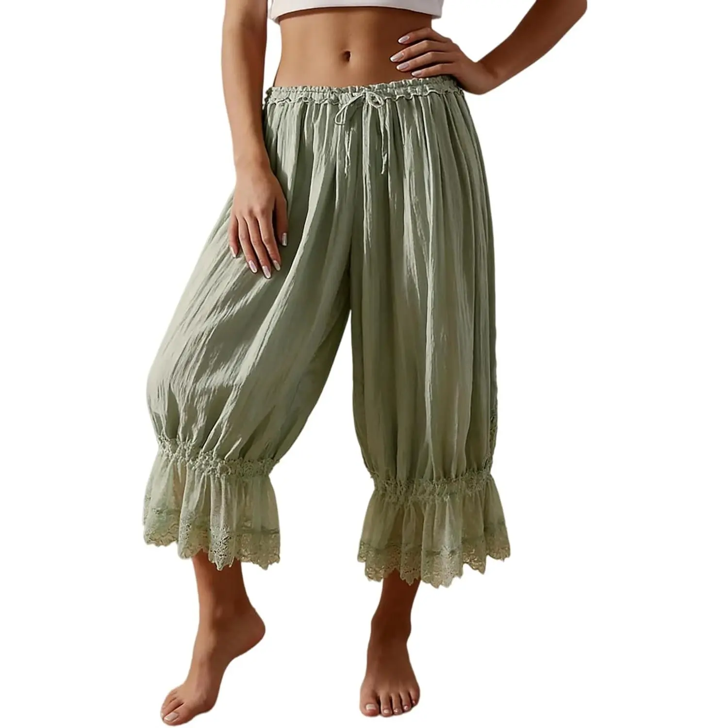 Women Ruffle Long Bloomer Y2k Lace Trim Pettipants Pantaloons Mid Rise Cropped Pajama Pants Under Dress Slips