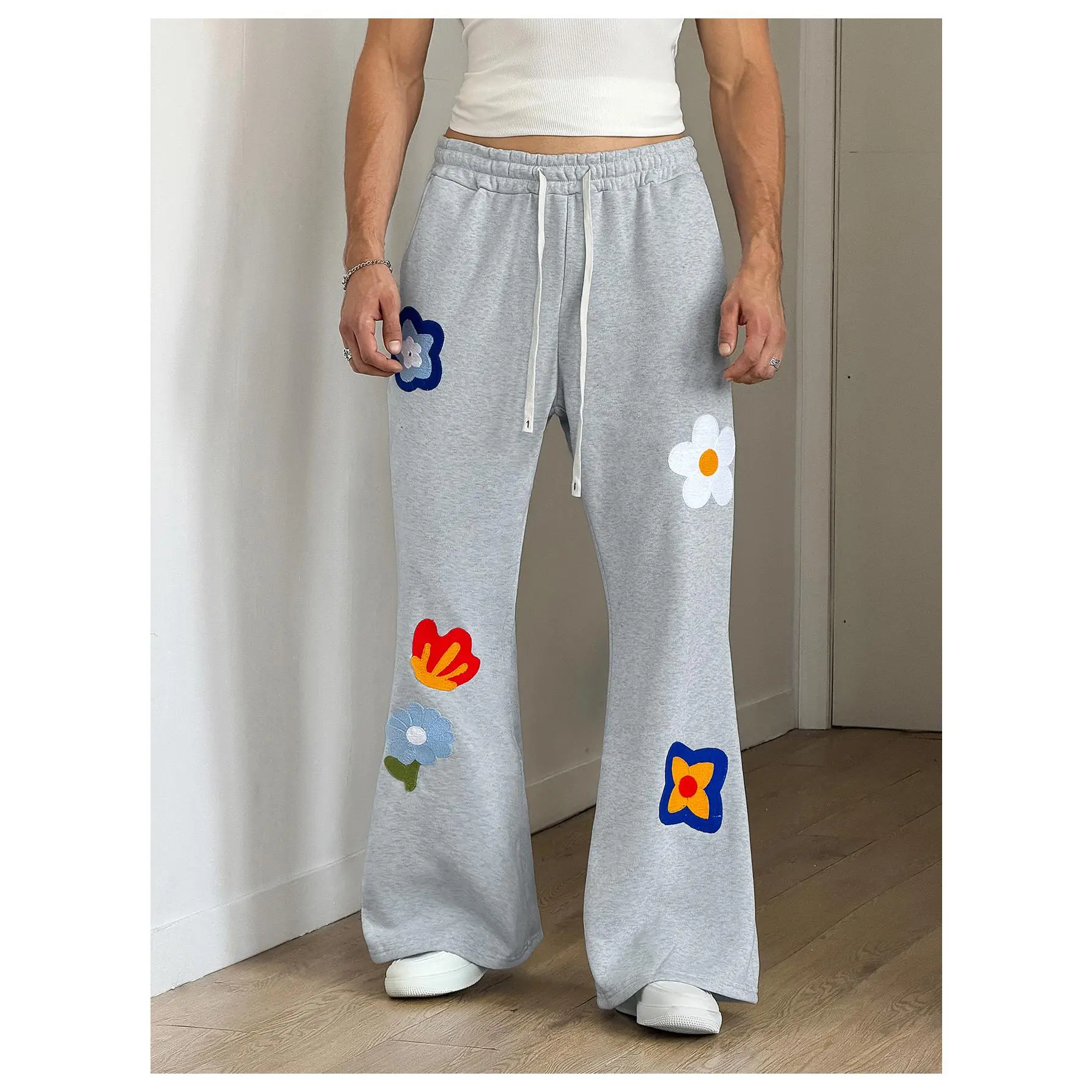 Men's Floral Embroidery Drawstring Waist Flare Sweatpants Flower Sweatpants Patched Sweatpants Graphic Sweatpants Summer Sweatpants