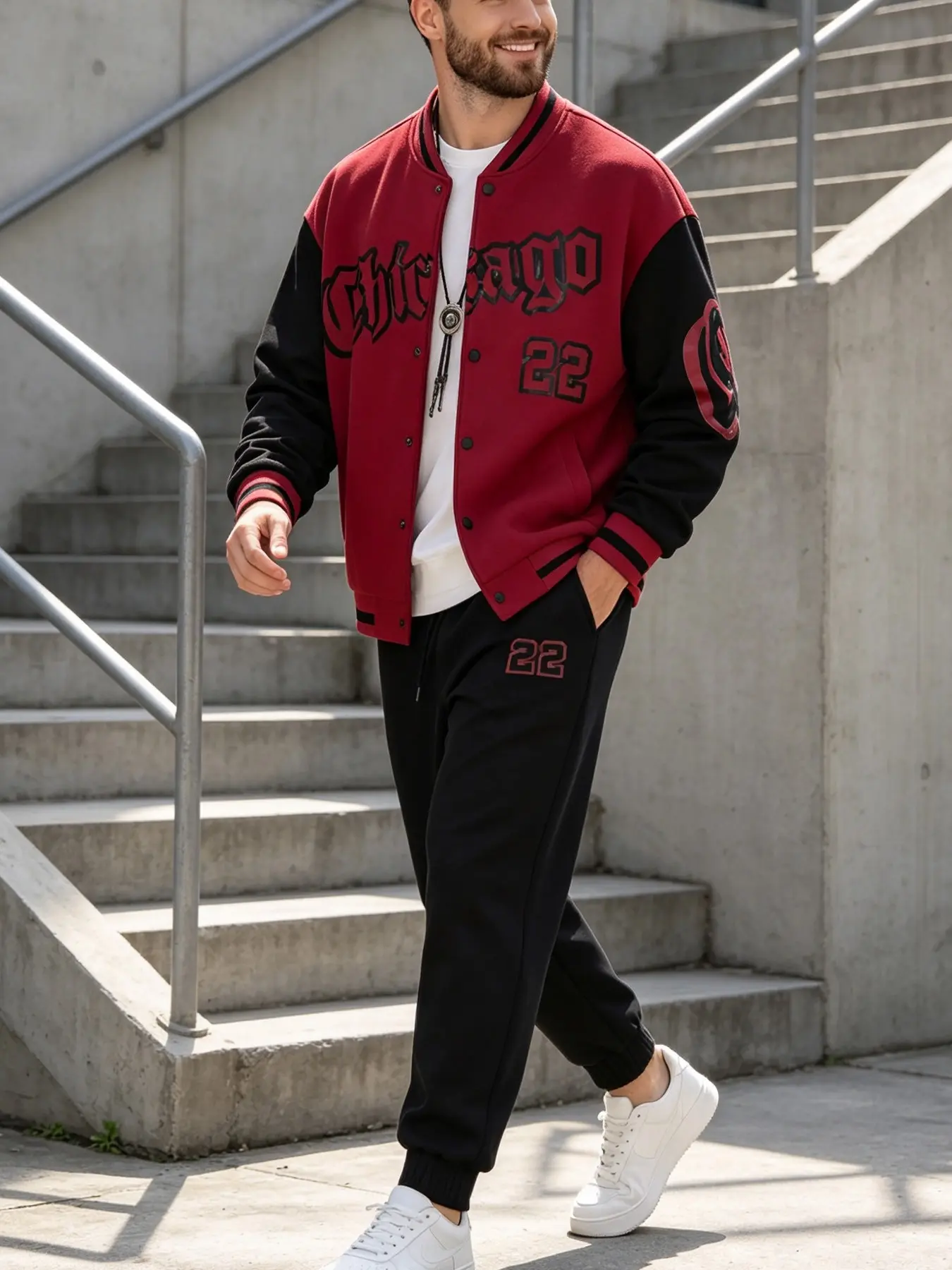 New American retro red and black contrasting baseball collar cardigan jacket, ankle tied pants two-piece set, youth trend, alphanumeric printed casual sports suit, loose and comfortable, men's travel and shopping outfit complete set