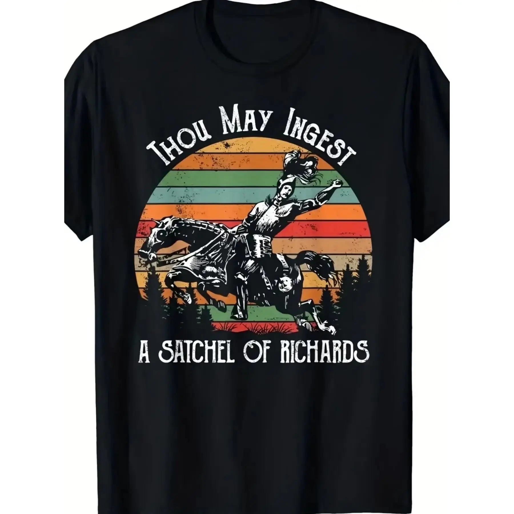 Men's Thou May Ingest A Satchel Of Classic Graphic T-Shirt, Funny Meme Western Cowboy Retro Sunset Print Tee, Vintage 70s Casual Style Black Top, Cowboy Gift for Meme Lovers & Western Enthusiasts, Distressed Streetwear, Menswear