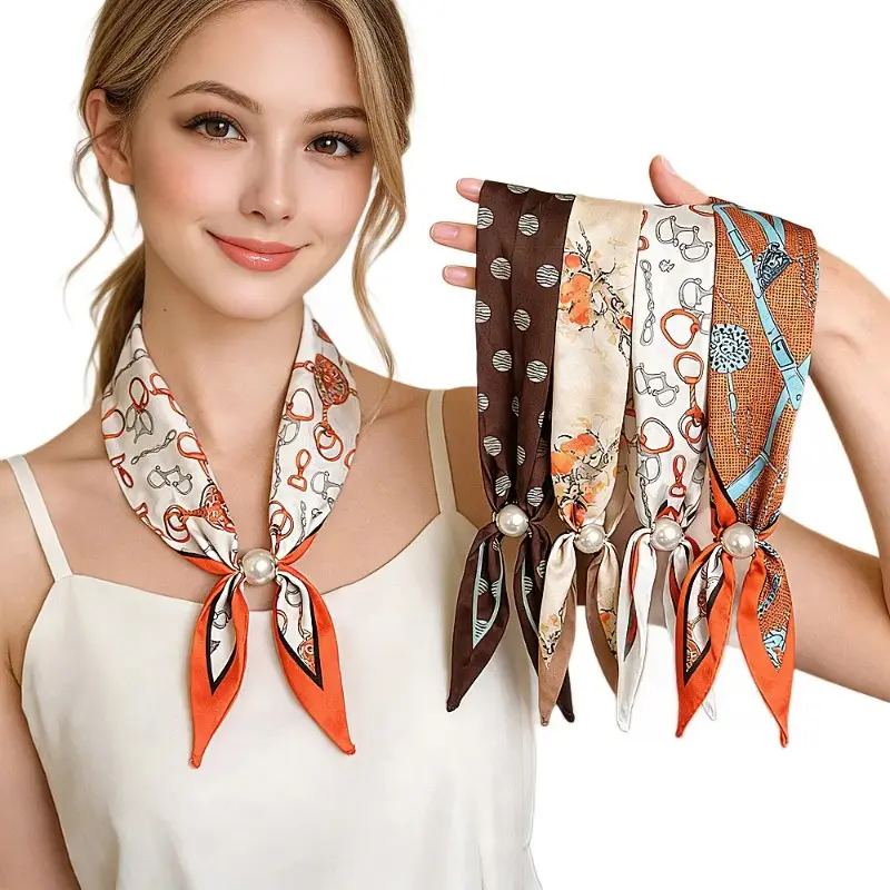 3 PCS Women Minimalist Scarf Set, Magnetic Pearl Neck Scarf, Slim Satin Neck Tie & Multi‑Purpose Headband Head Scarf, New Arrival Fashion Accessory