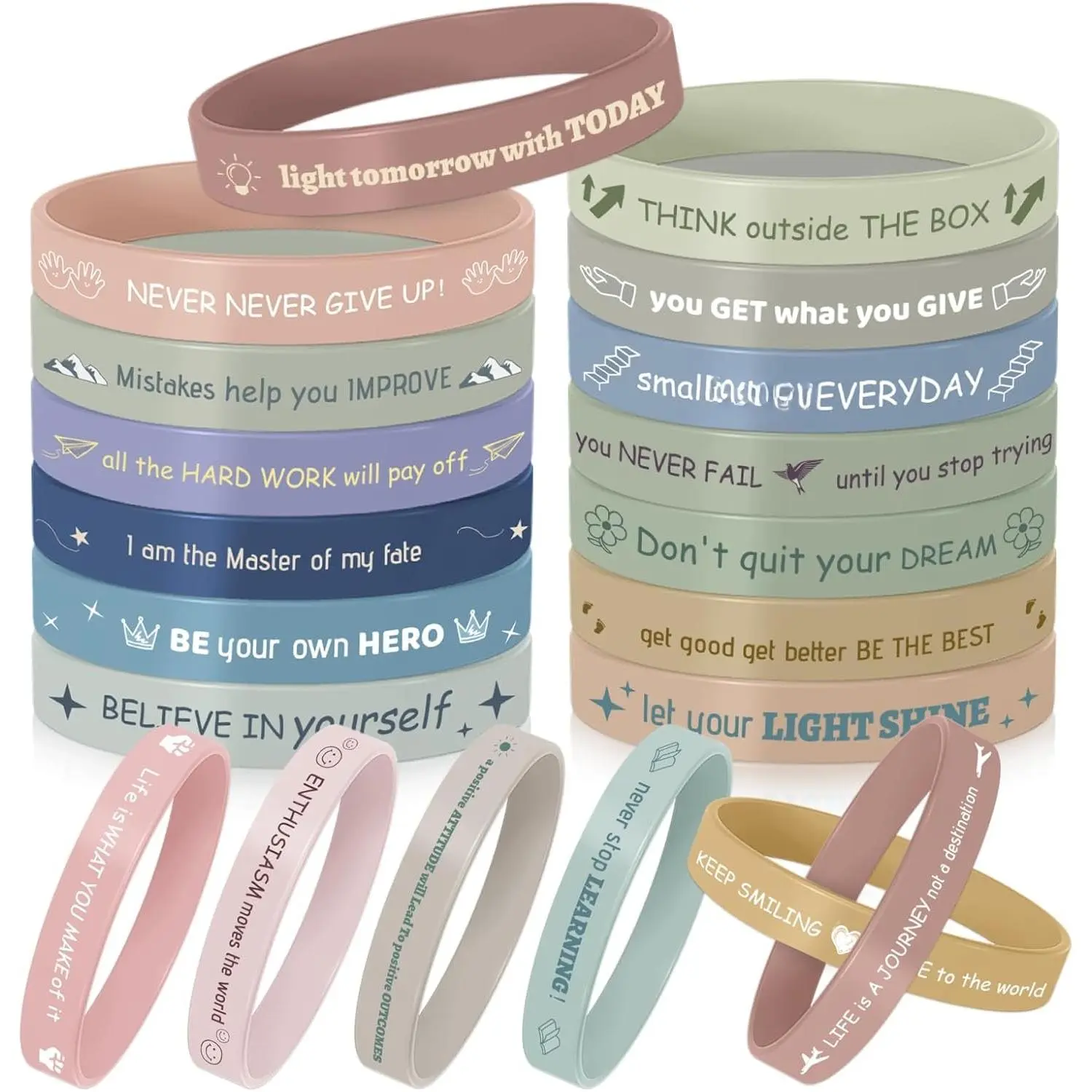 20/40/60/100 Inspirational Rubber Bracelets, Motivational Wristbands, Stretch Affirmation Bands for School, Christmas Gifts -20 Styles