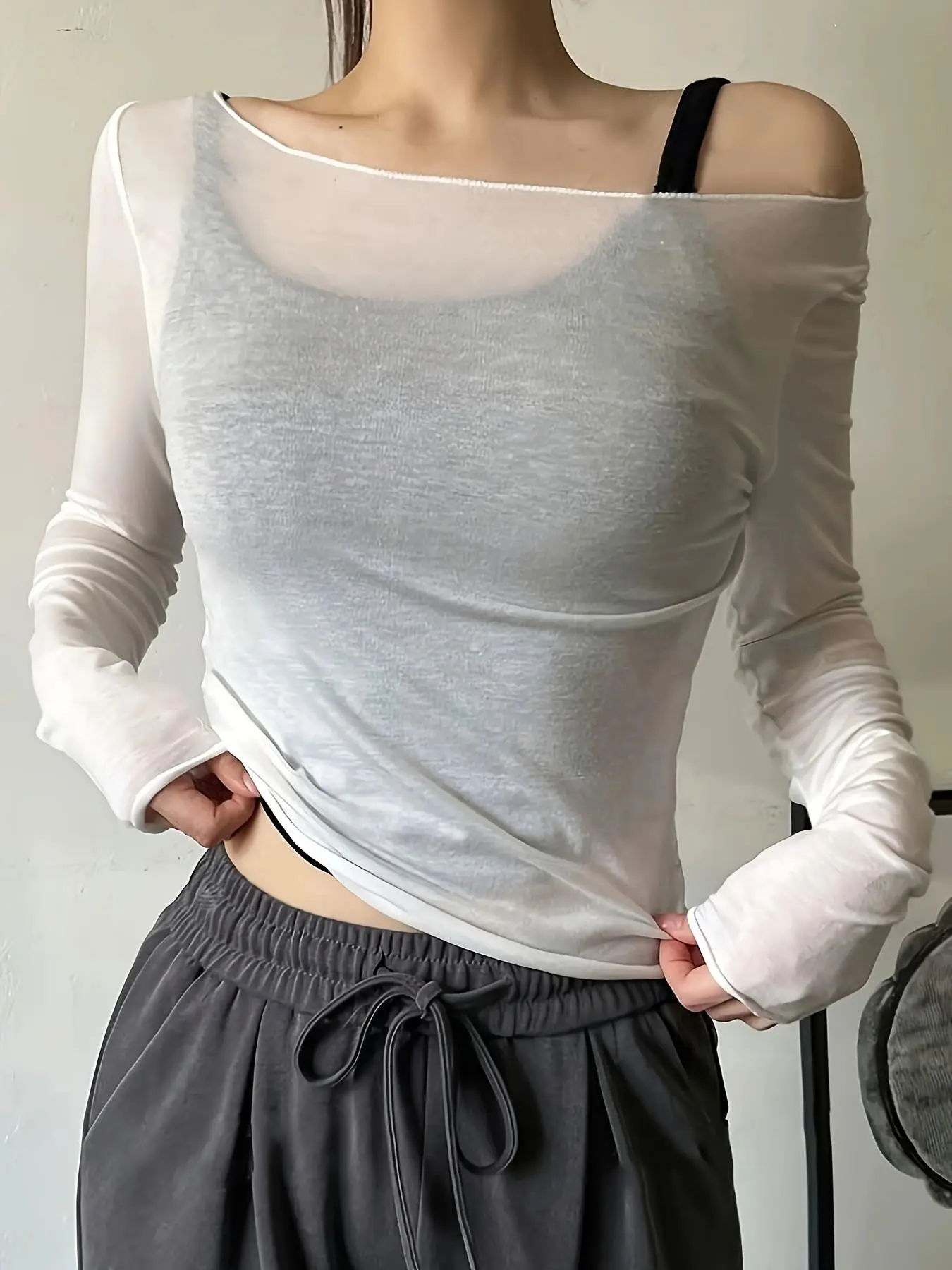Women's Off Shoulder Sheer Mesh Long Sleeve Top, Y2K Casual Clothes Women, Slim Fit See Through Cover Up Blouse, Fashion Shirt for Streetwear, Shopping & Daily Outfit, 2026 Trendy Lightweight Sheer Layer Tee