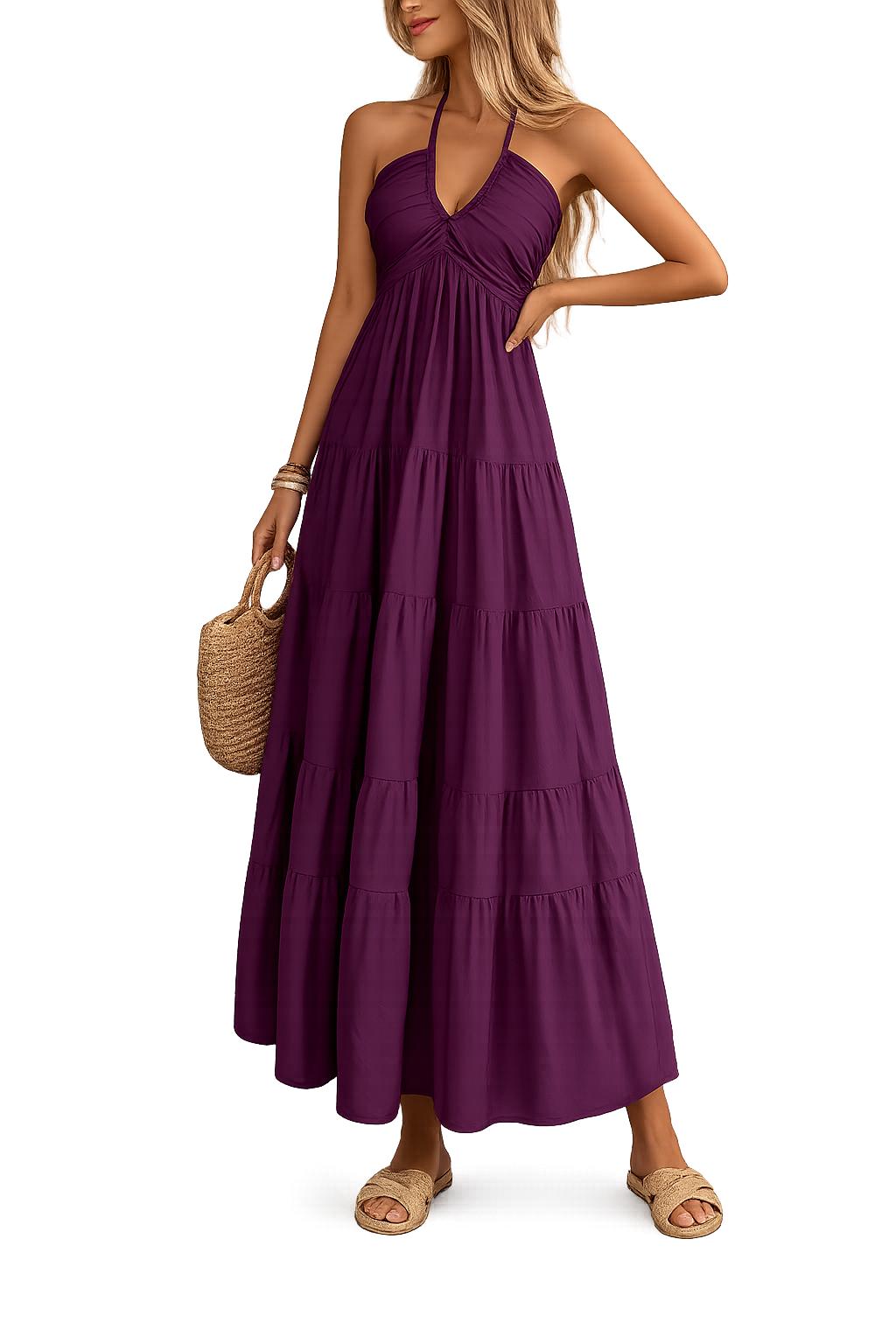 2026 Spring-Summer Solid Color Halter Beachwear Loose Long Dress Fashion Backless Pleated Dress