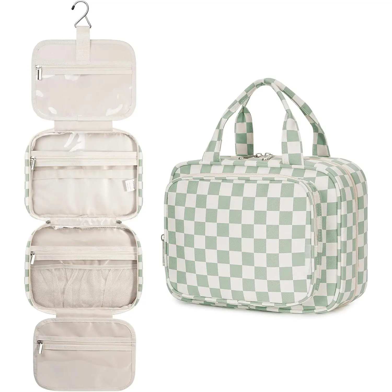 Women's Travel Hanging Toiletry Bag, Checkered Makeup Organizer Bag, Suitable for Travel Accessories, Brushes, Cosmetics