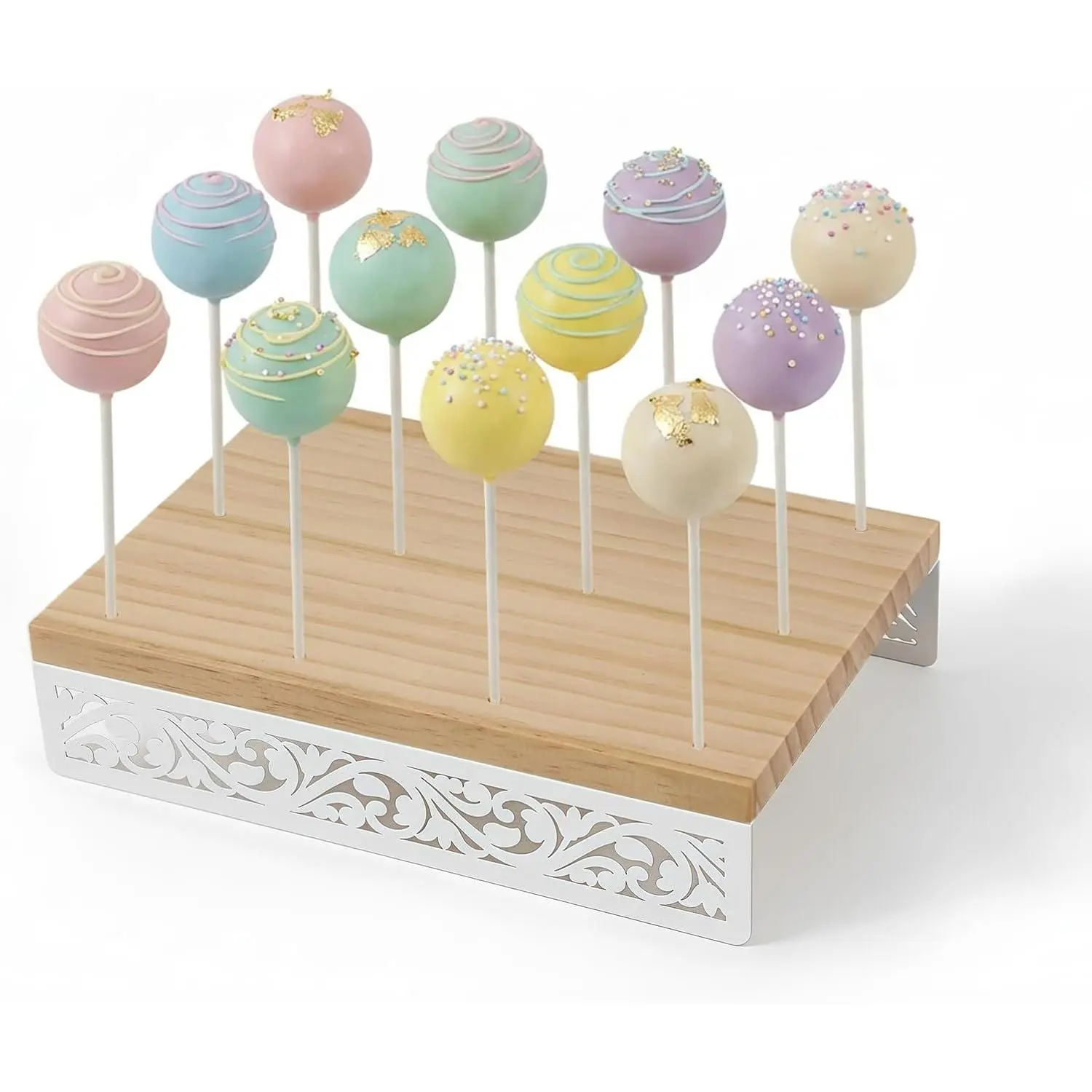 Decorative Wooden Cake Pop Stand with Metal Filigree Design,   and White, 8.66x5.71x1.97 Inch, 12 Holes, Includes 50 Sticks,  for Parties and Weddings