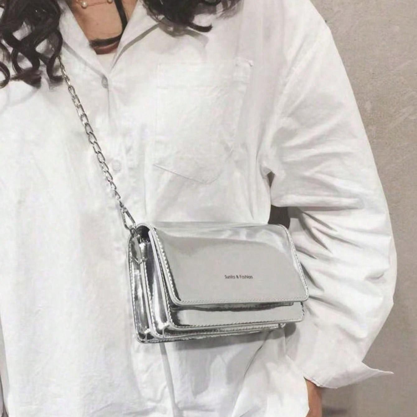 Lightweight Casual Mini Metallic Letter Graphic Flap Square Shoulder Bag for Women, Cute Crossbody Bags Wallets Work Bags Trending Purses for 2026 Everyday Handbag for Commuting, Traveling, Shopping