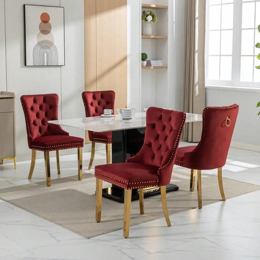 Upholstered-End Dining Chairs,Tufted Side Chair With Stainless Steel Plating Legs,Nailhead & Back Pull Trim,Dining Room Furniture, Tufted Dining Chairs(Burgundy Set Of 4)