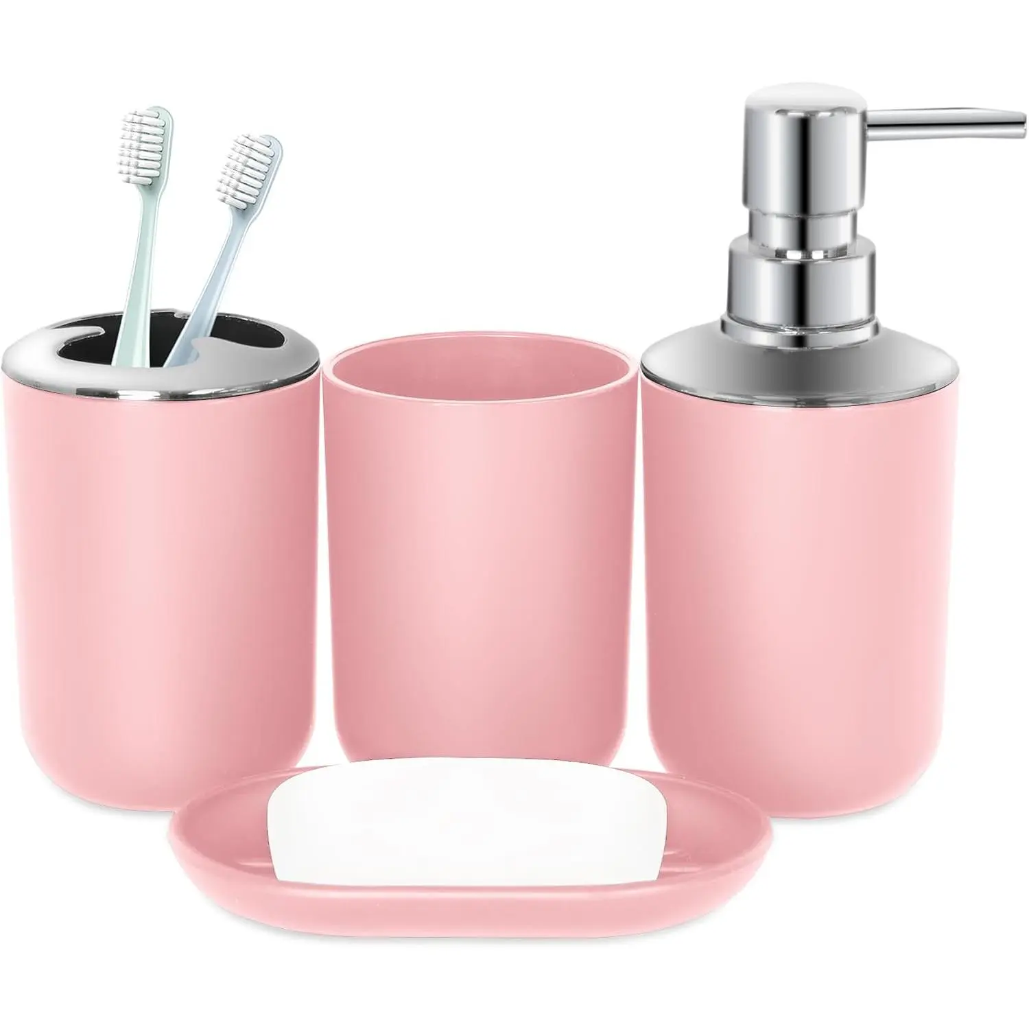 Pink Bathroom Accessories Set 4 PCS, Pink Bathroom Accessories |   Plastic Soap Dispenser and Toothbrush Holder Set, Soap Dish and Mouthwash Cup, Boho Bathroom Decor, Bathroom Set
