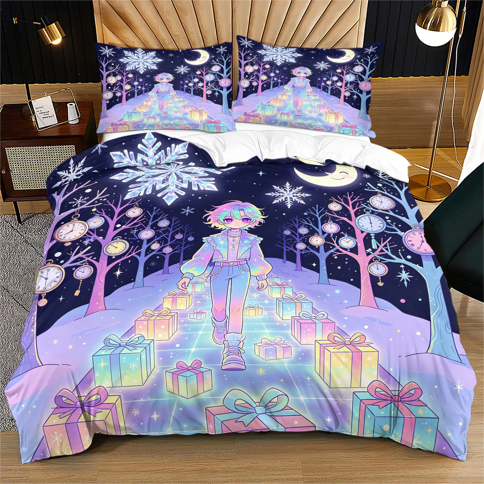 Anime Boy Winter Gift Duvet Cover Set, Kawaii Pastel Snowflake Clock Moon Cartoon Bedding, Teen Girls Bedroom Decor, No Core Pillowcases