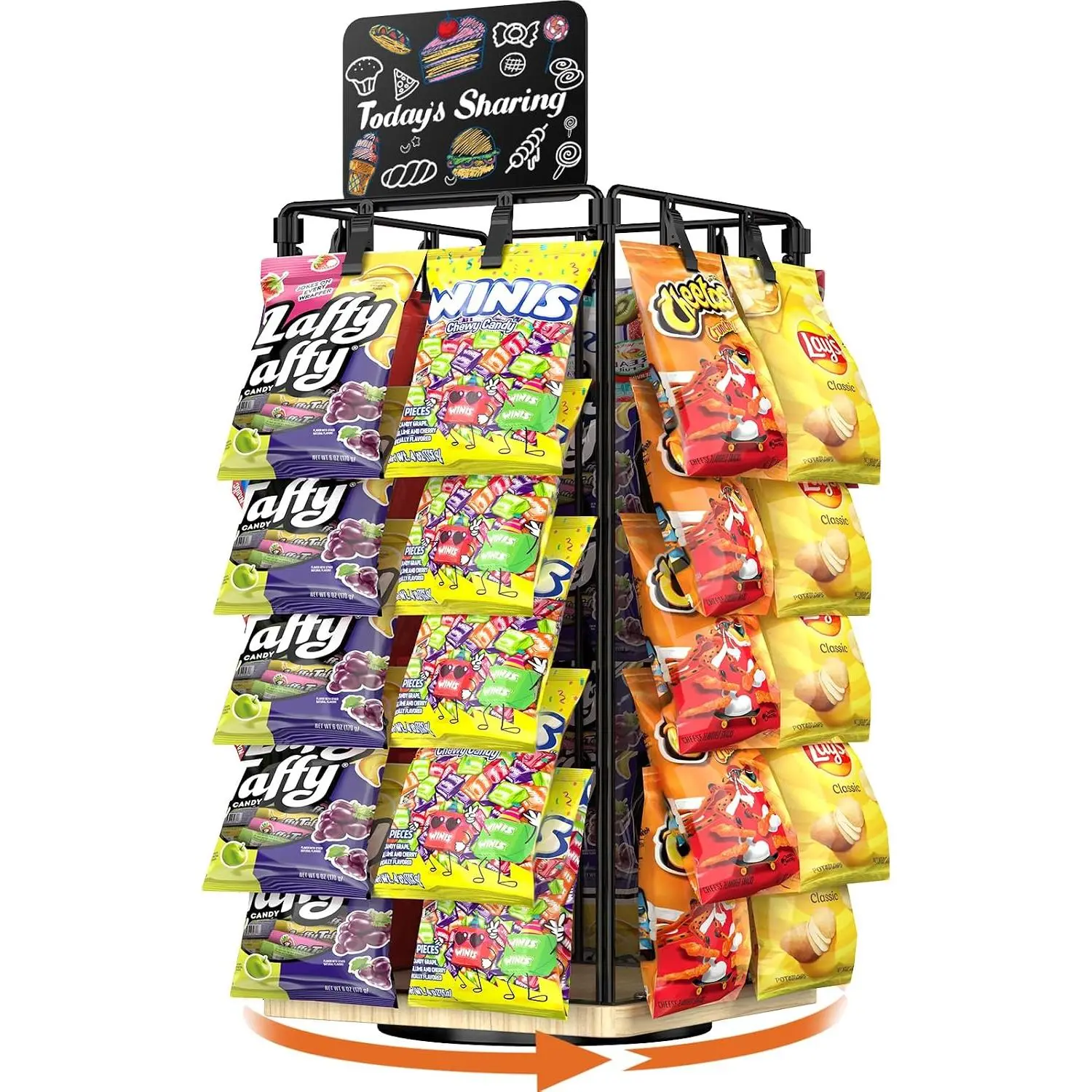 Chip Rack Display Stand, 5 Tiers 40 Clips Display Stand | 360°Rotating Wooden Base Chip Bag Holder for Concession Stand, Snack Organizer for Christmas Party, Retail, Easy Installation