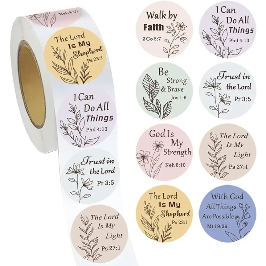 500 count  Verse Stickers Roll, Minimalist Floral Christian Inspirational Scripture Labels, 8 Designs 1.5 Inch Round Religious Stickers for  Wrapping, Packaging, Envelopes