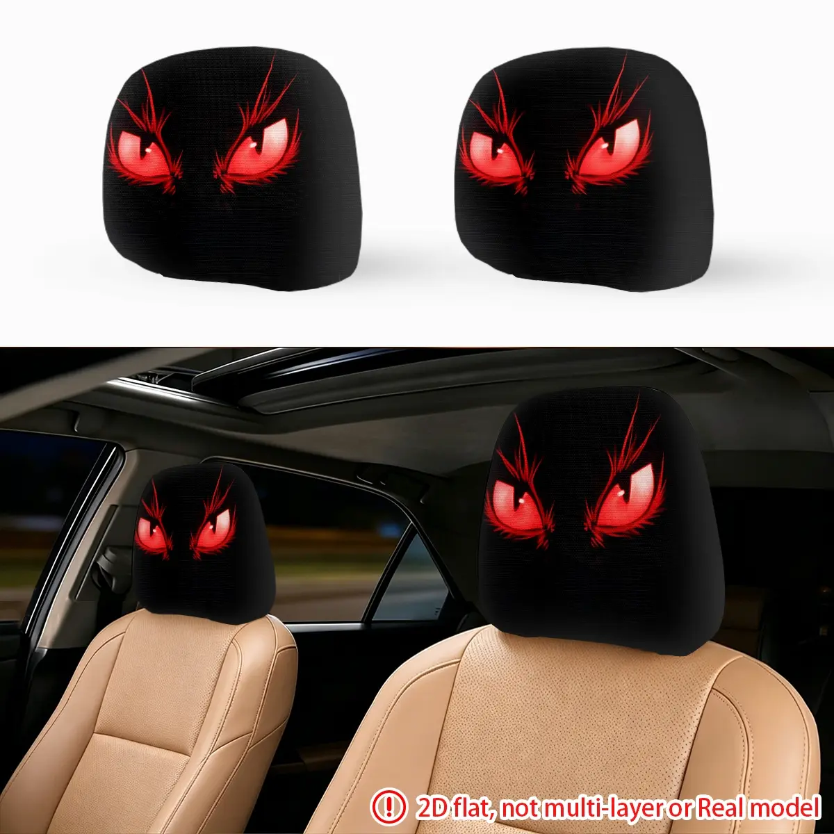 2pcs dark red glowing eye portrait car seat pillowcase car head pillowcase fashionable and durable design, universal applicable Car Accessories