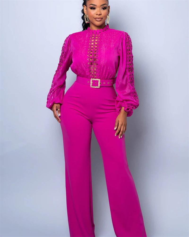 Woman Jumpsuit Birthday Long Sleeve Hollow Out High Waist One Pieces Overalls Club Party Outfits with Belt