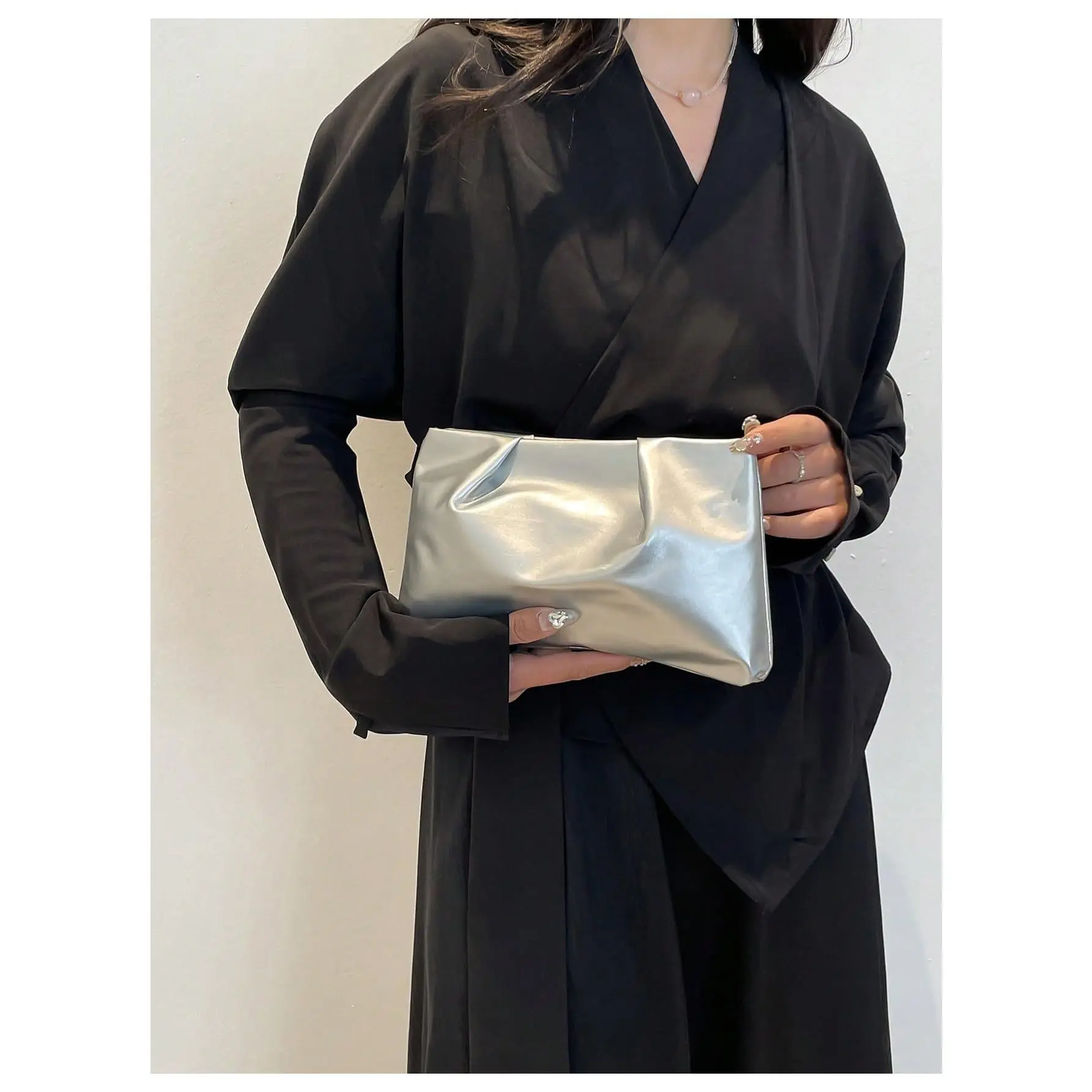 Women's Synthetic PU Leather Ruched Look Clutch Purse - Small Zippered Top Handbag