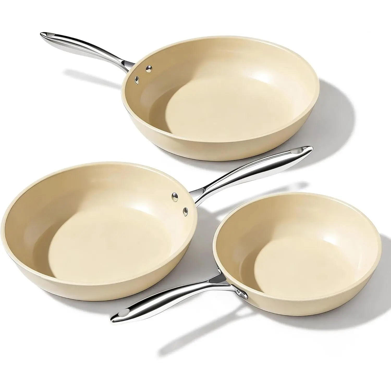 Cream Nonstick Ceramic Frying Pan Set (8"/9.5"/11") - Lightweight Aluminium Cookware, Thermal, Healthy Non-Toxic, PFAS/PTFE/PFOA-Free, Induction Compatible, Stackable, Dishwasher & Oven Safe