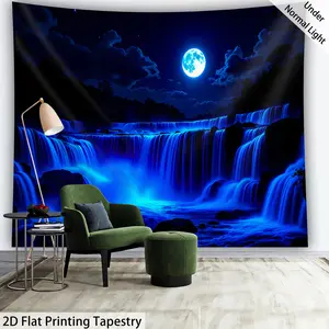 2D Flat - 2D Flat - 2D Flat 1pc Fluorescent Blue Cascade Glow in The UV Light Tapestry, Large Scale Printed Tapestry, UV Black Light Reactive Moon Natural Landscape Wall Hanging Living Room Bedroom