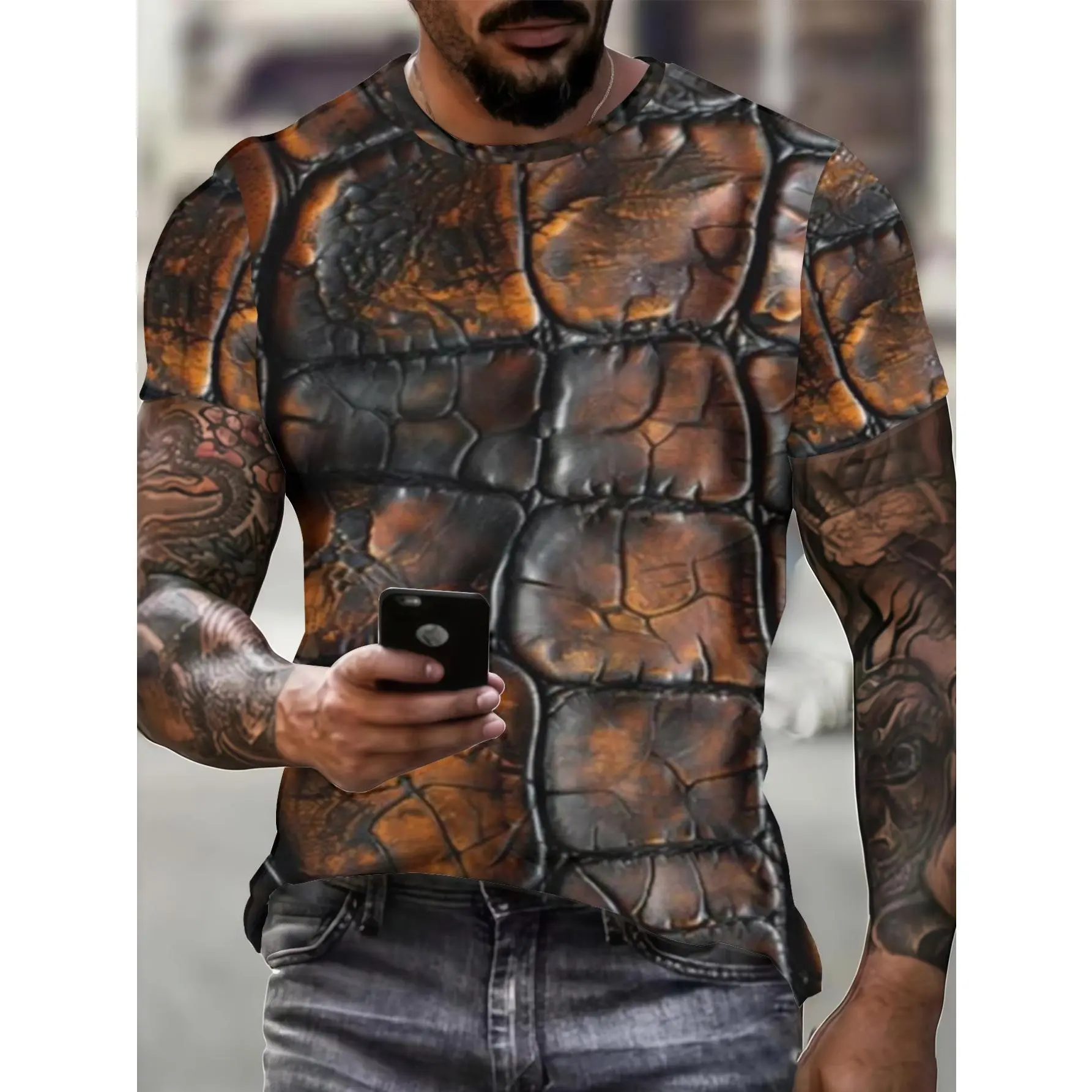 Vintage Crocodile-Pattern Men's Round Neck Short Sleeve Stretch T-Shirt - Brown-Black Gradient, Full-Print Large Crocodile Scales, 3D Realistic Ridges, Skin-Friendly Breathable Fabric, Tough Guy Biker Basics Top, Casual Athletic Wear