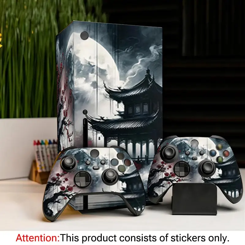 Ancient Pavilion Moonlit Floral Landscape Decorative Stickers for Xbox Series X Controller, Waterproof Scratch-Resistant Vinyl, Removable Without Residue