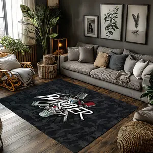 Barber Tool Graffiti Black Camo Crystal Velvet Non-Slip Barber Shop Decor Area Rug #BarberShopFloorMat #BarberGraffitiRug #CamoStyleCarpet #CrystalVelvetDecorMat