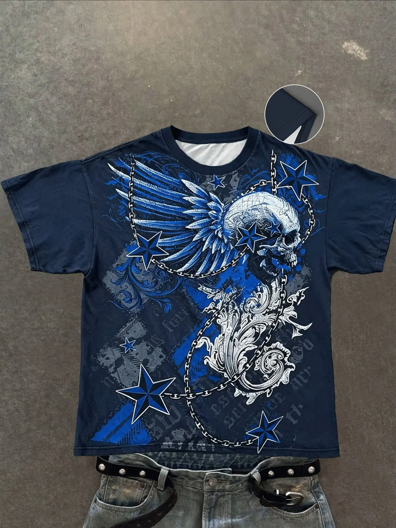 Men's Navy Vintage Washed Crew Neck T-Shirt, Winged Skull Pentagram Chain Baroque Scroll Full Front Print Gothic Y2K Grunge Punk Oversized Streetwear Short Sleeve Tee for Men