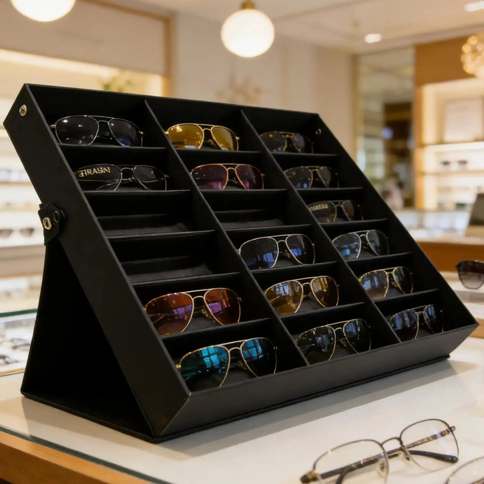 18-Slot Elegant Dust-Proof Sunglasses Organizer - Metal Button Snap Cover Eyeglass Storage Box with Foldable Stand, 18.5x14.25x2.5in Home Organizer for Desk & Vanity, Travel-Optimal Storage Solution for Streamlined Travel