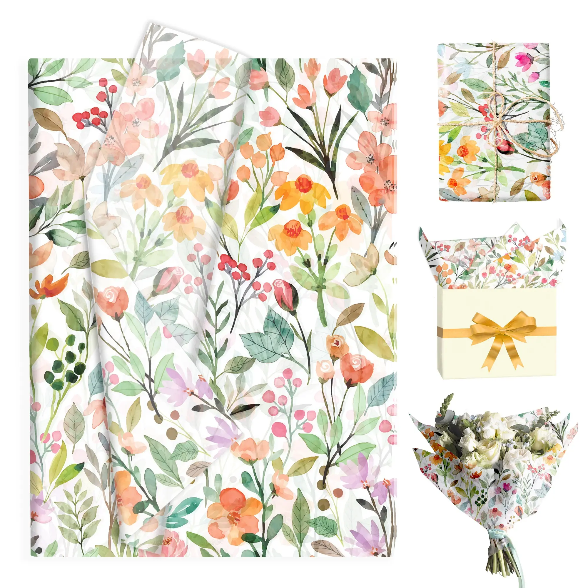 50 Sheets Vintage Spring Floral Paper, Colorful Wildflower Decorative Wrapping Paper, Premium Gift Candy Packaging, DIY Craft Paper