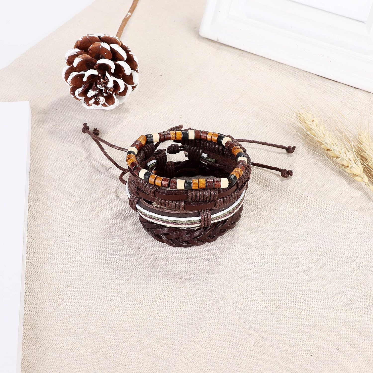 MILACOLATO 22-32 count Braided Leather Bracelet for Men Women Woven Wrist Cuff Bracelets Hemp Cords Wood Beads Ethnic Tribal Handmade Wrap Adjustable Boho Beaded Band