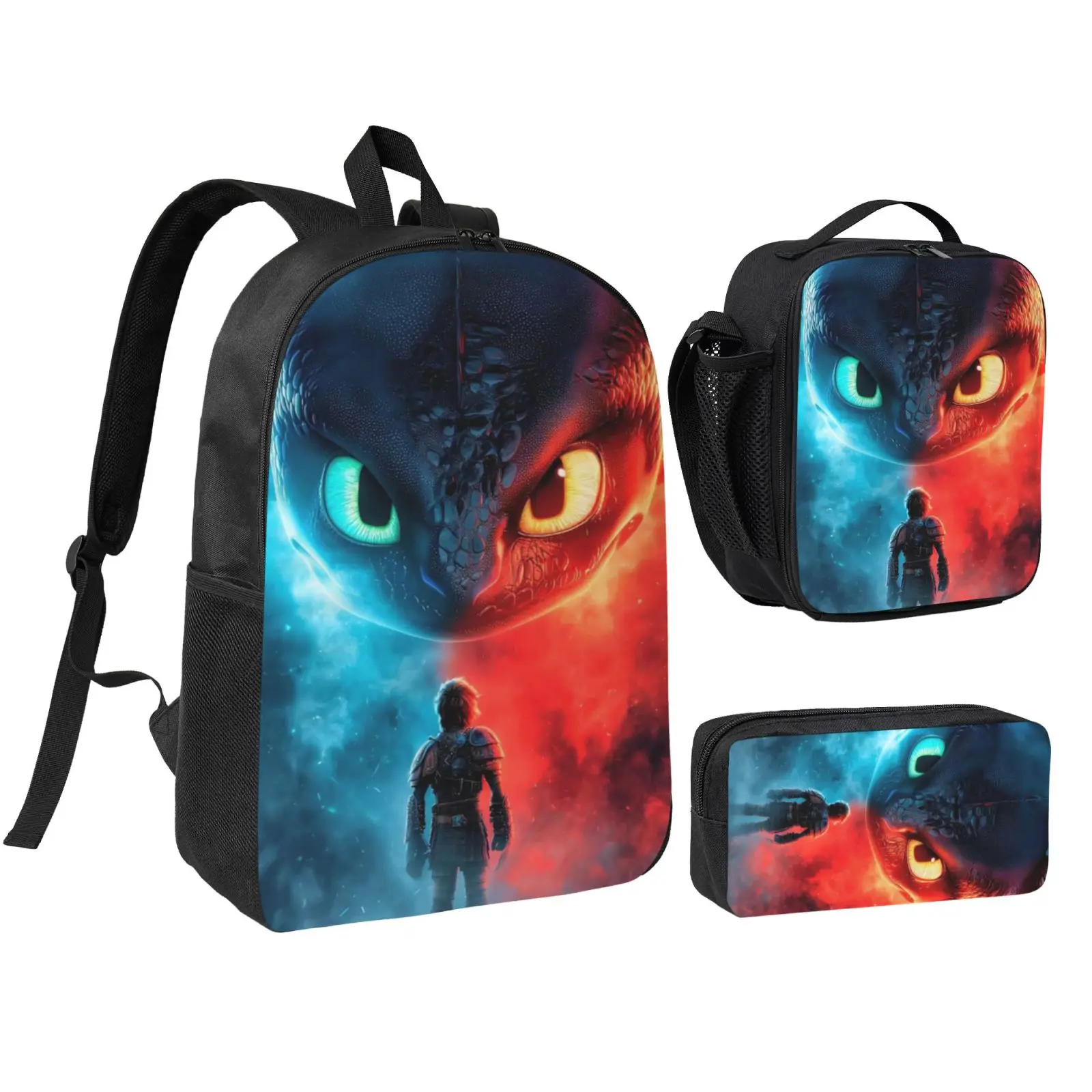Anime Toothless1 Kids 3Pcs Multipurpose Teen Backpack Set with Adjustable Shoulder Straps, School Bookbag, Insulated Lunch Box & Pencil Bag for Boys Girls Daily School Travel Office