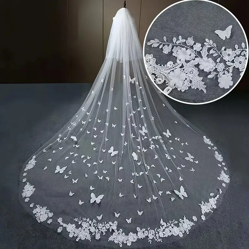 Elegant Animal-Themed Bridal Veil with Comb Fashion Double Layer Cathedral Length 137.8inch Soft Yarn Polyester with Positioning Lace Butterfly Print