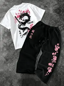Men's Trendy Japanese Cherry Blossom Dragon Print Set, Versatile Short Sleeve Top + Drawstring Streetwear Pants, All-Season Casual Suit