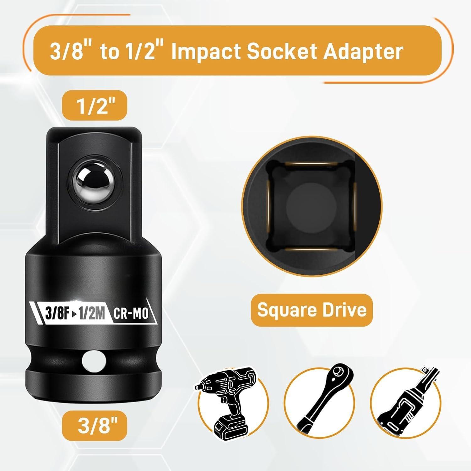 2 count 3/8" to 1/2" Impact Socket Adapter Set, 3/8" Drive Impact Driver Conversions for Impact Wrench, Breaker Bar, Ratchet Drive, Chrome Molybdenum Alloy Steel
