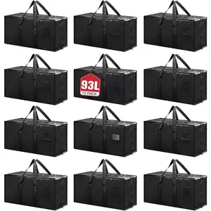 12 Pack Moving Bags Moving Storage College Dorm Camping Packing Travel PE Heavy Duty, Sturdy Handle, Zipper Large Storage Tote Bag Moving Boxes Box Alternative - Black 29L x 14W x 13H