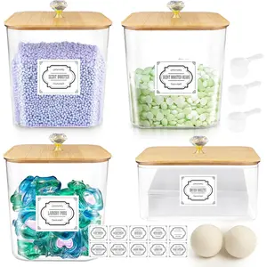 Laundry Detergent Container Set (4 Jars) with Bamboo Lids |   Storage Jars Organizers for Pods, Powder, Beads & Liquid Soap Includes 2 Wool Dryer Balls |   Laundry Room Organization Essentials