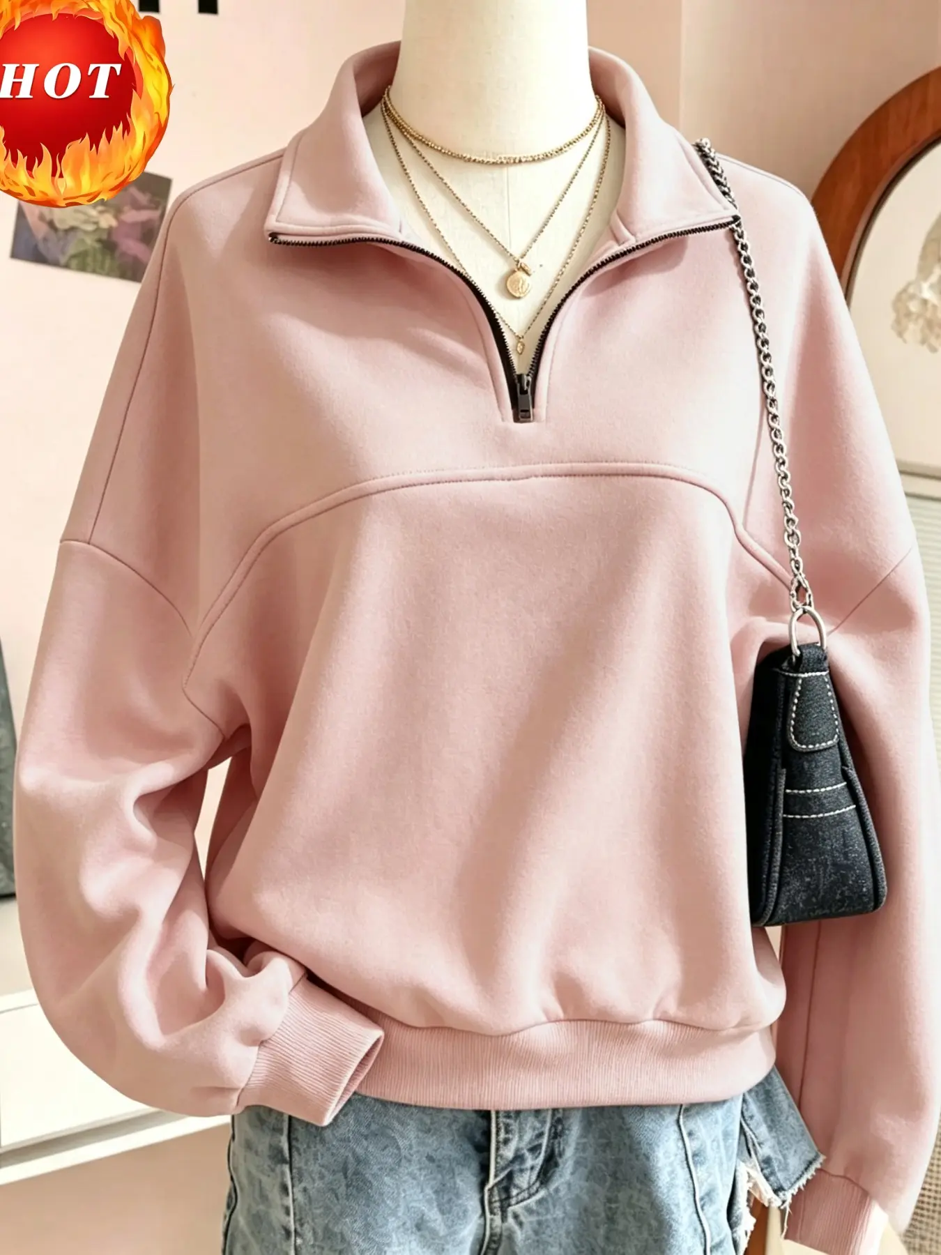 Women's Half-Zip Stand Collar Sweatshirt, Casual Plain Color, Soft and Comfortable, Spring & Fall Fashion, Versatile Daily Wear