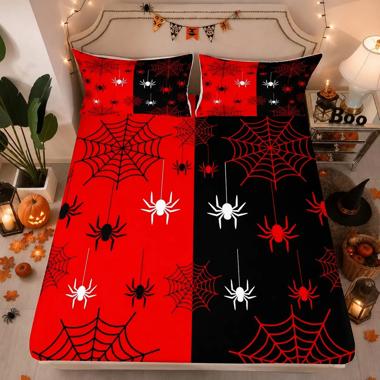 Halloween Spider Web Print Bed Sheet Set, Block Ultra-Fine Fiber, Includes 2 Pillowcases, Teen Dorm Room Decor