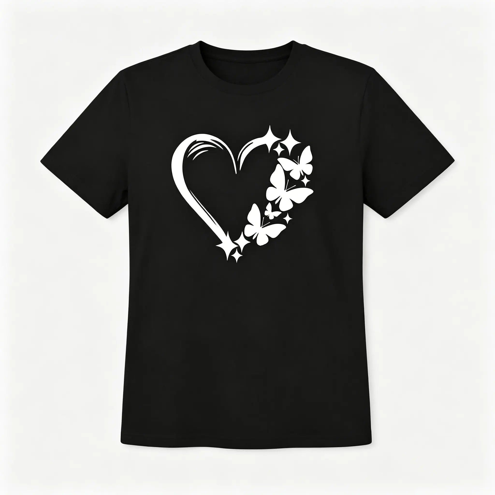 Sparkle Heart Butterfly Graphic Tee for Women Black Cotton T-shirt Cute Romantic Summer Casual Gift