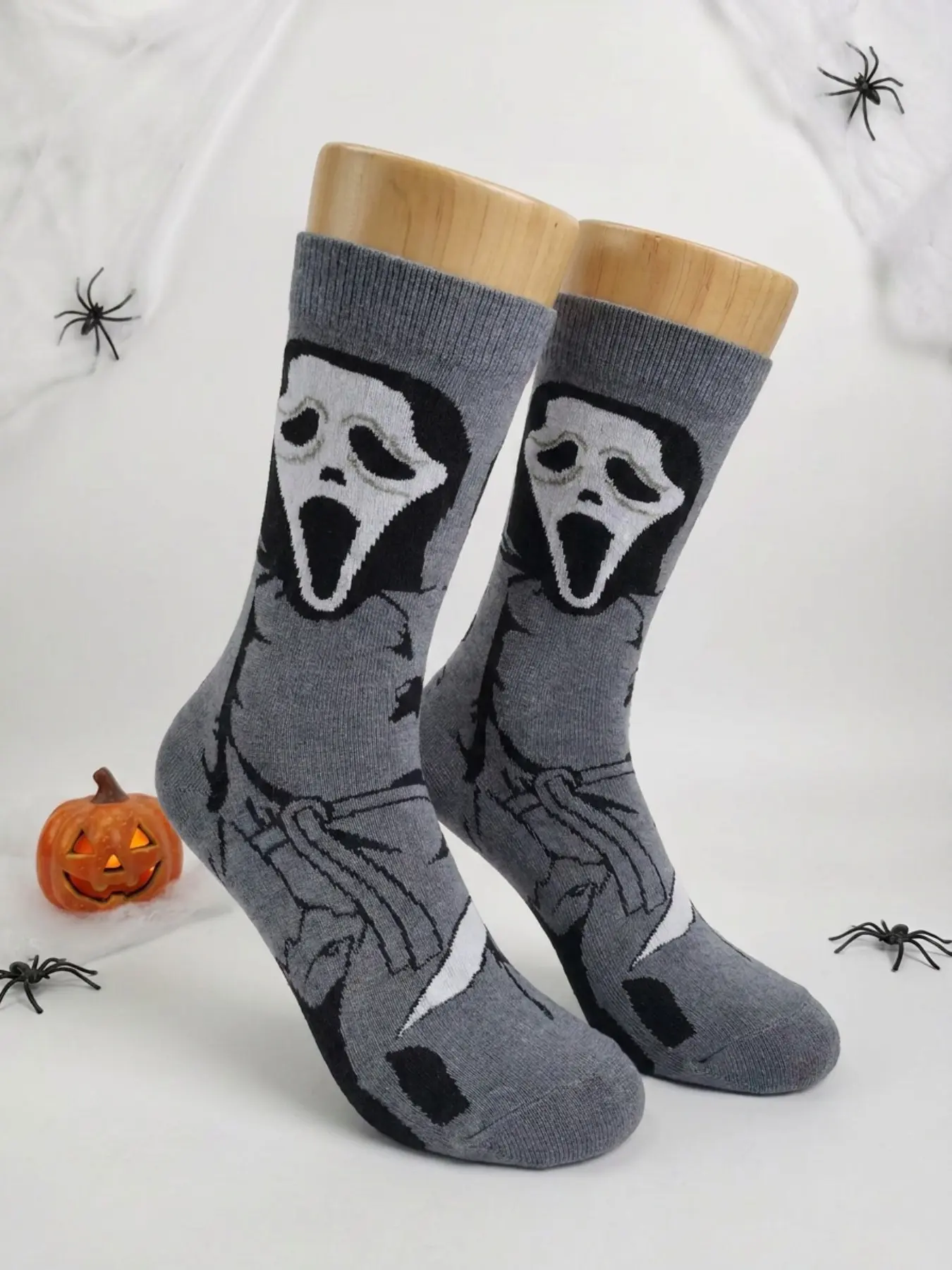 1 Pair of Halloween “Scream” Ghost-Face Killer Knee-High Socks  Holiday Socks, Unisex Fit, Gothic/Dark-Style Party Socks, Gray