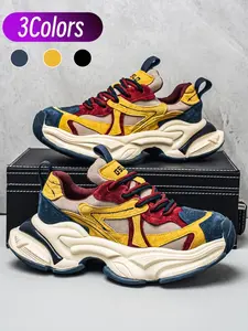 Retro men casual dad sneakers with triple colorways and mixed-color splicing construction, breathable material plus durable grippy chunky sole for everyday wear.