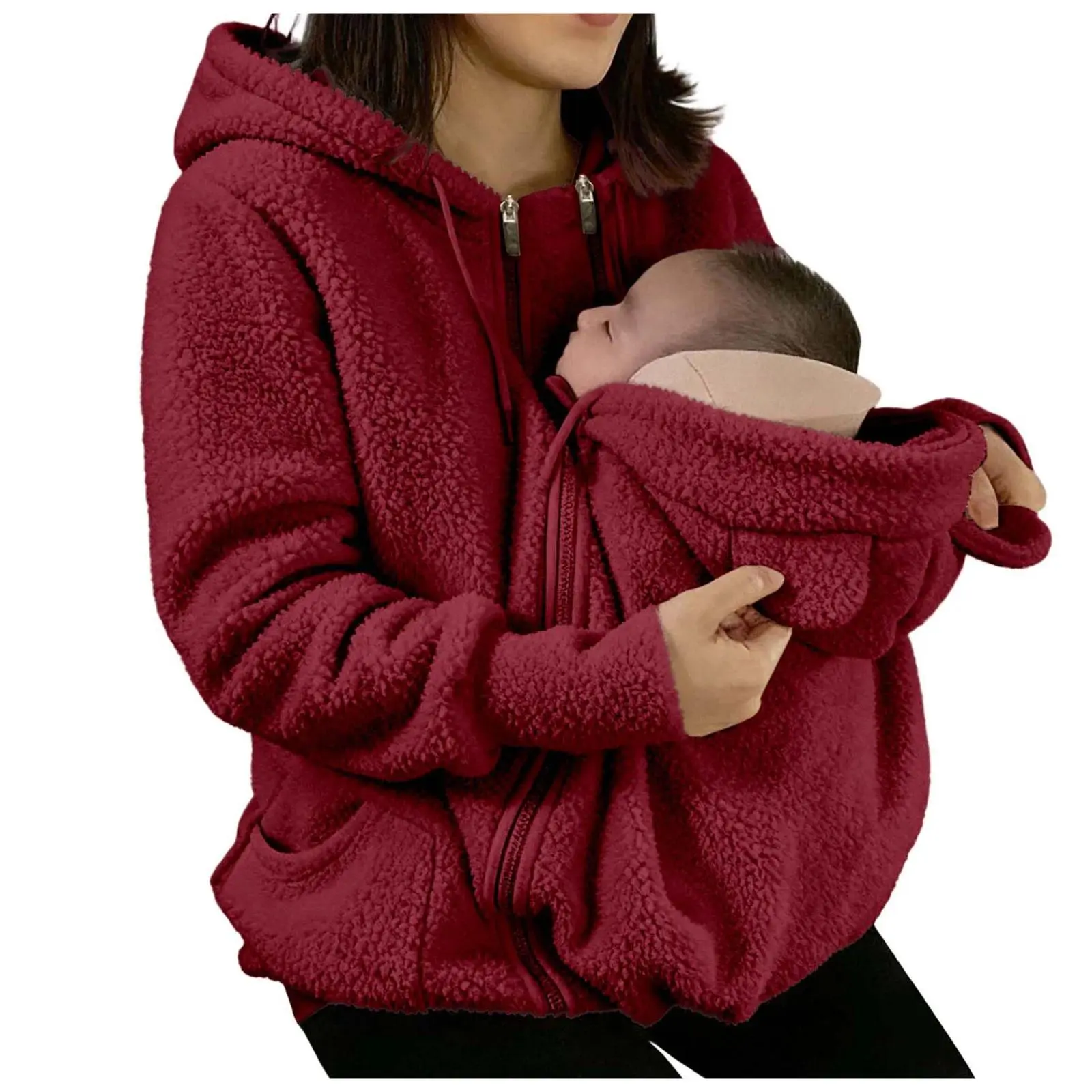 Women’s 2-in-1 Fleece Hoodie Jacket with Baby Carrier Pouch, Long-Sleeve Plush Faux Fur Sweatshirt Coat, Soft Warm Outerwear for Cold Weather, Convenient Hands-Free Carrying Design for Outdoor Walks, Travel, Errands & Everyday Wear