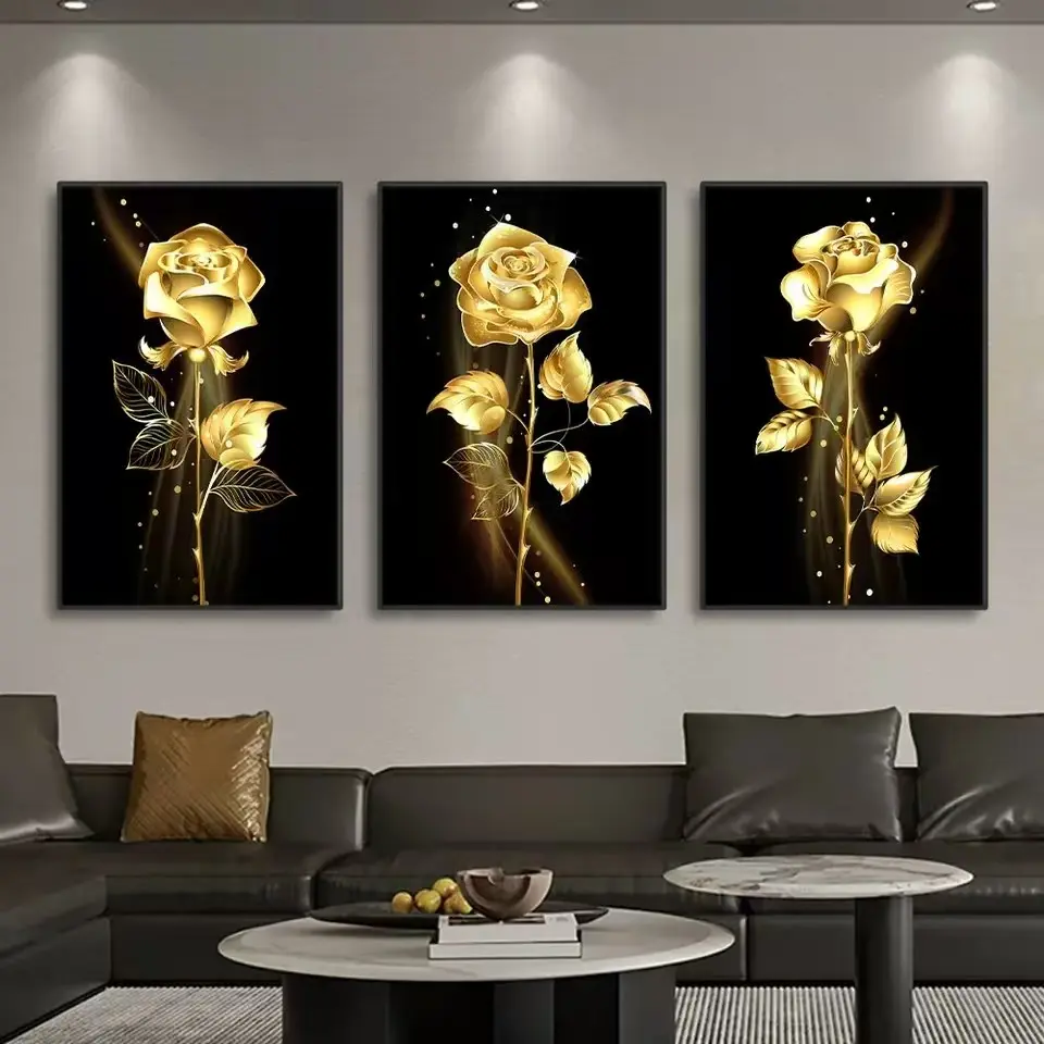 3pcs Nordic Modern Living Room Decoration Painting Gold Rose Black Canvas Oil Painting Bedroom Frameless Hanging Painting Core