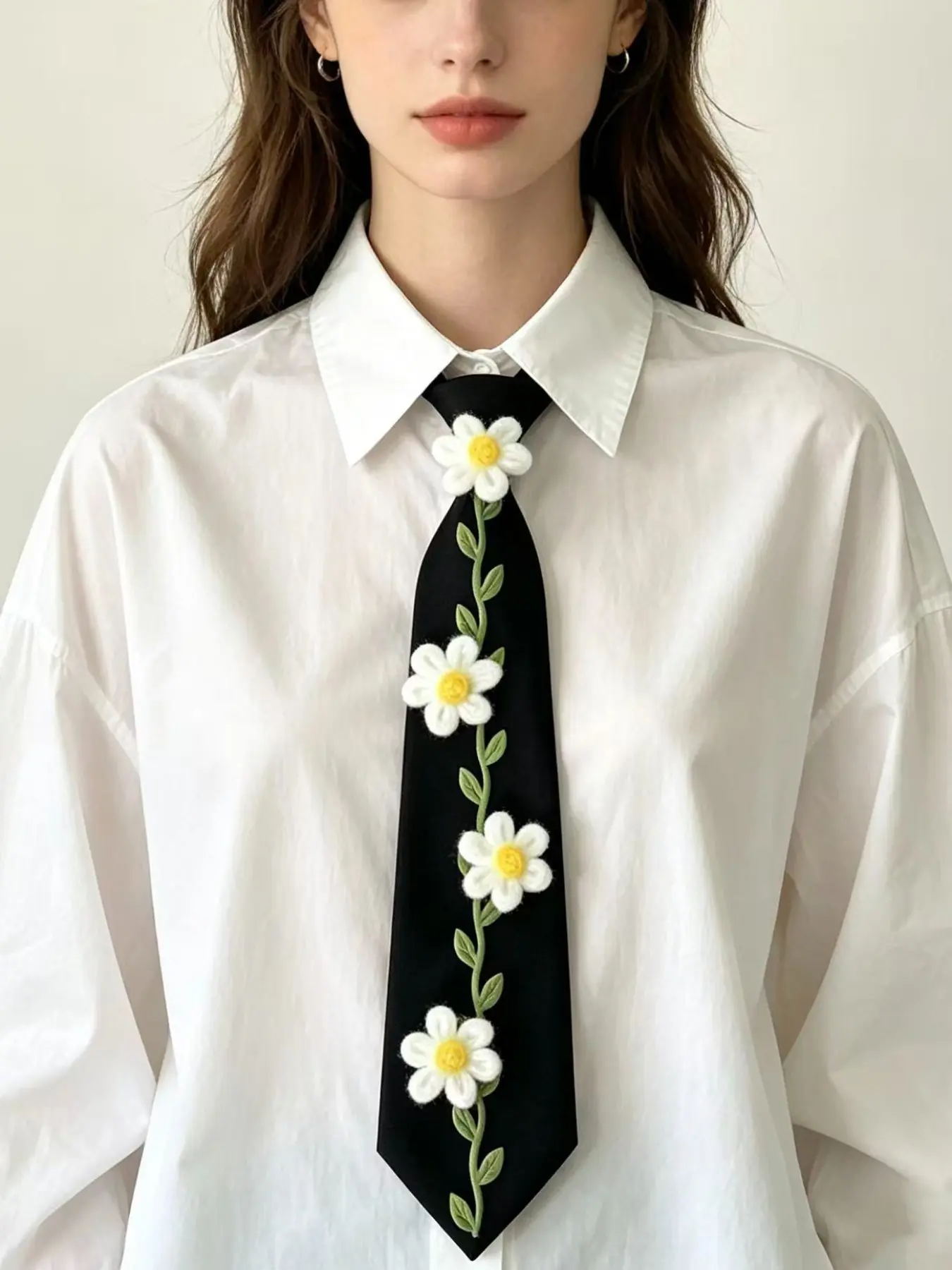 Coquette 3D Daisy Floral Embellished Necktie, Pre-tied Decorative Tie for Women Blouse Accessory