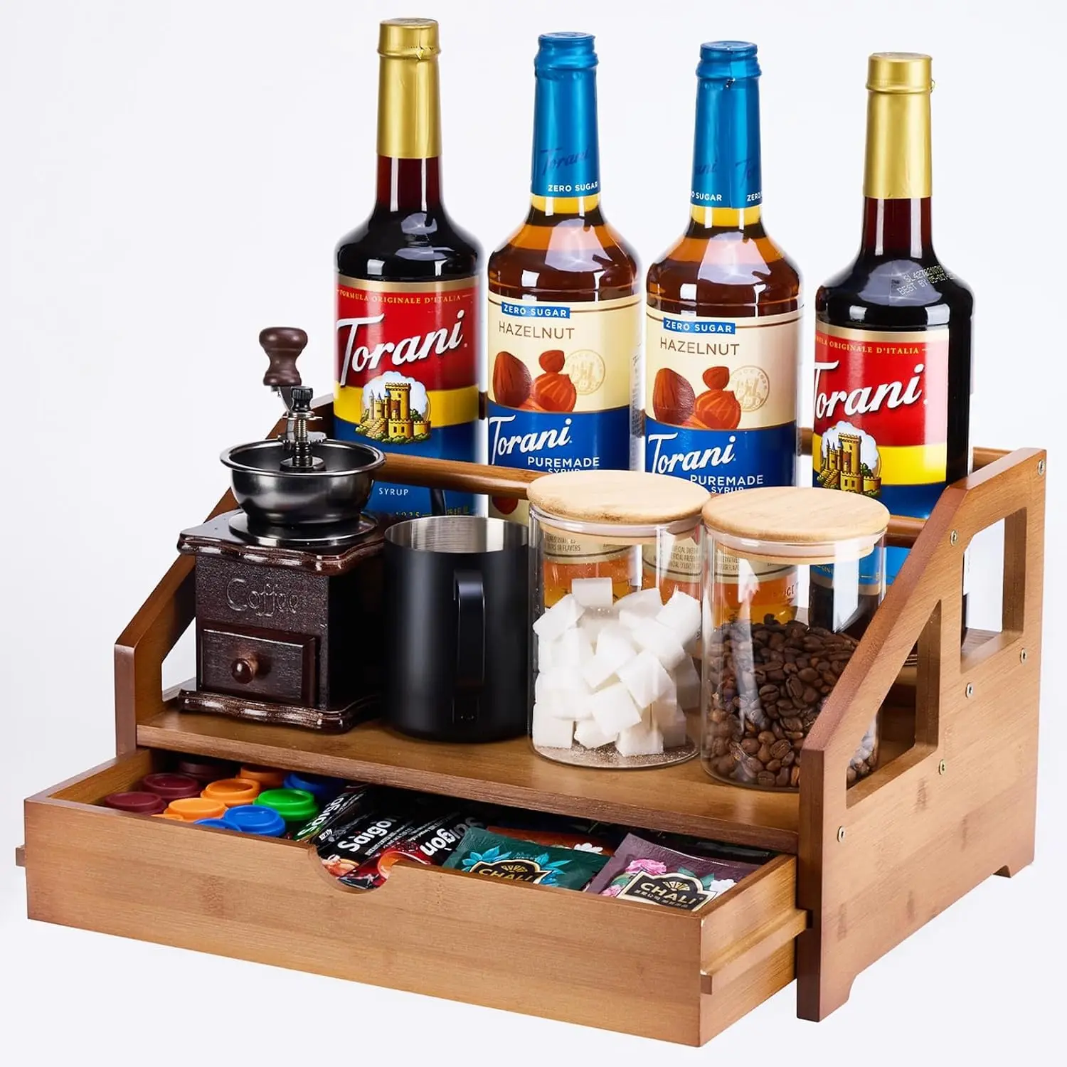 3 Tier Coffee Syrup Rack Organizer with Cup Storage Box for Coffee Bar, Syrup Bottle Holder Stand for Syrup Wine Dressing, Suitable for Kitchen Coffee Station, Brown