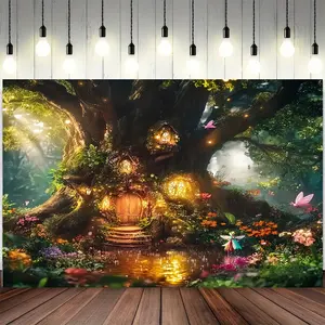 1 piece of Magic Forest Fairy Tale Backdrop - lush greenery and magical treehouse scene, 100% polyester fiber, no power required, suitable for parties and home decoration, classic style, fairy garden decoration