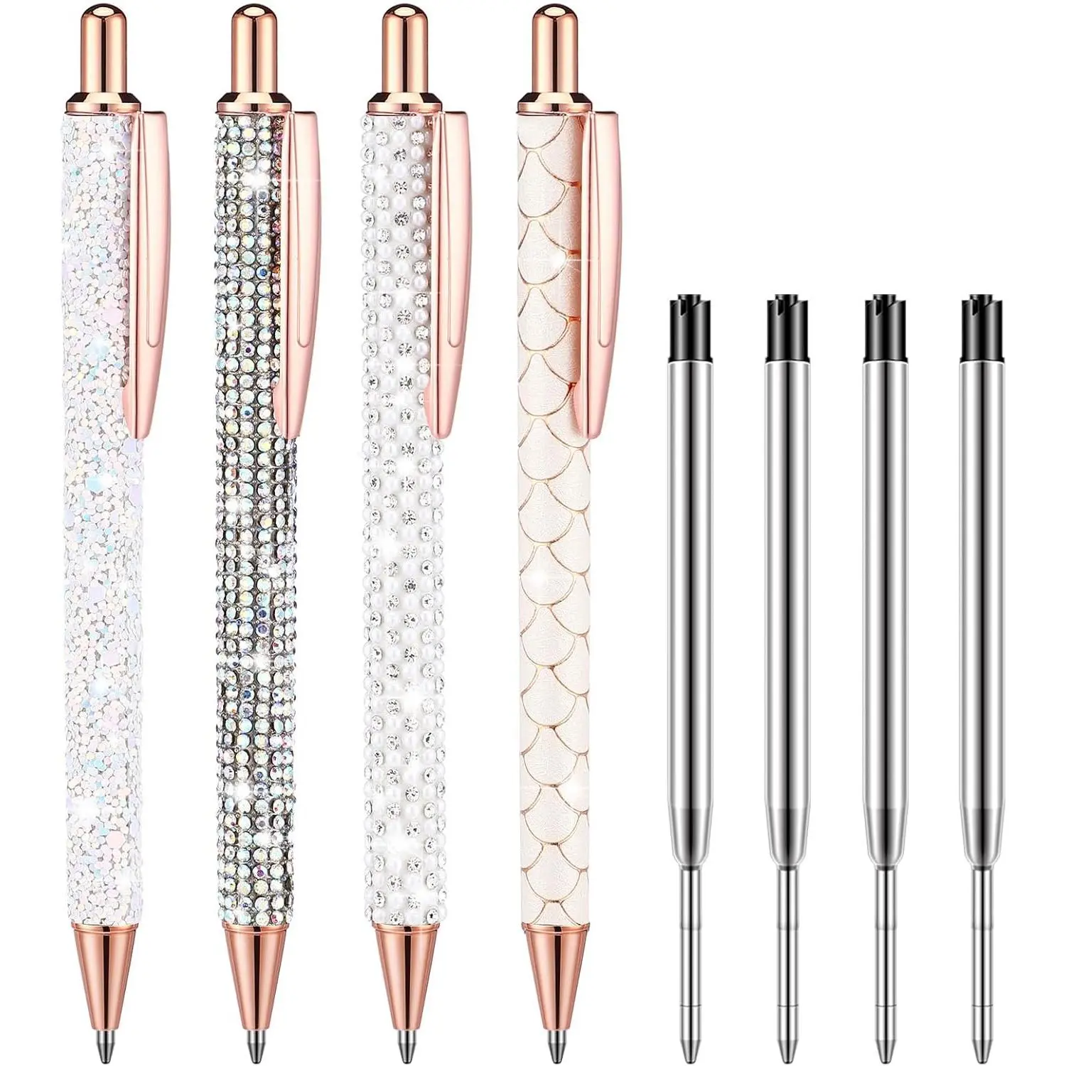 4 count Bling Rhinestone Sparkly Pen for Women   Glitter Metal Ballpoint Ink Pen with 4 count 1.0mm Refills Desk Accessory for Girl Students (Iridescent, White)