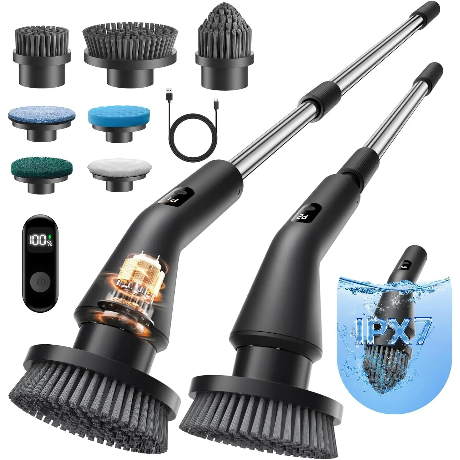 Electric Spin , Cordless Cleaning Brush for Bathroom Shower Tub, IPX7  Power  with 7 Brush Heads, Extendable Long Handle and 2 Speeds  for Bathtub Floor