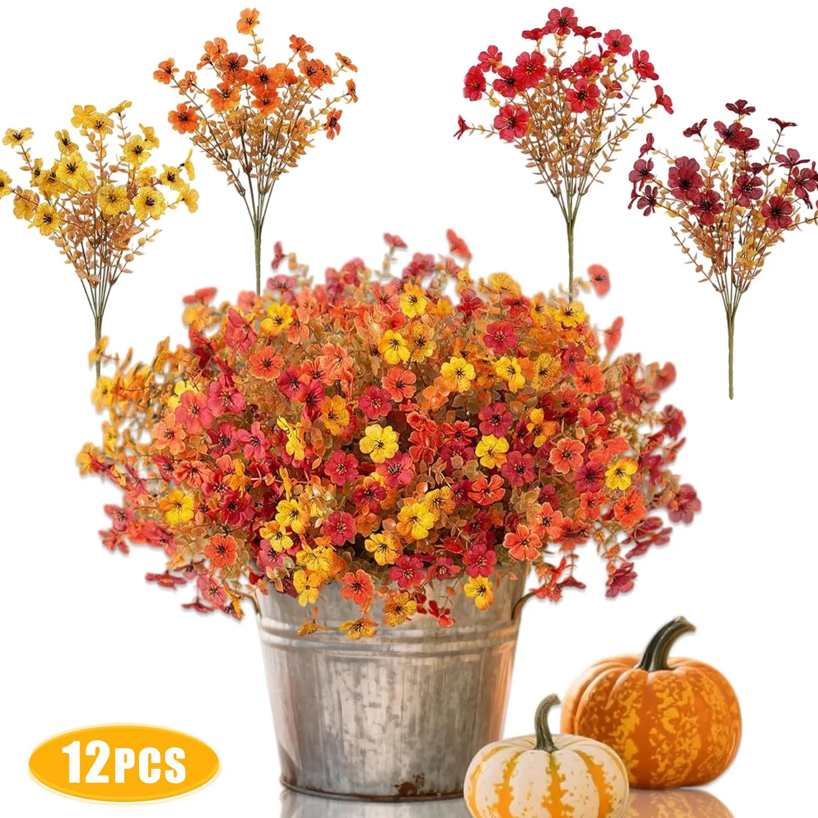 12pcs Artificial Fall Flower Bouquet Set, Vivid Color, Natural Shape, Low-Maintain Room Decor for Autumn Ambiance, Thanksgiving Home Ornaments