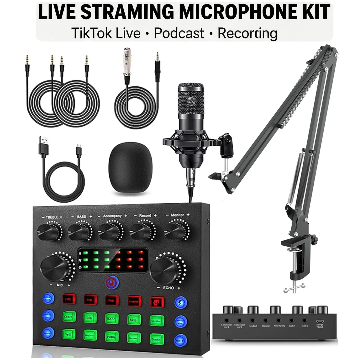 V8S Audio Mixer with Voice Changer (1 Set), Podcast Mixer, Sound Card for Phone Gaming Karaoke Studio Streaming Recording Live Streaming Podcast